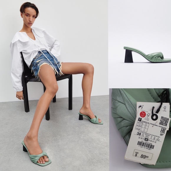 Zara New Knotted Heeled Leather Sandals 7.5 / 38 Seafoam Green NWT - Picture 2 of 16